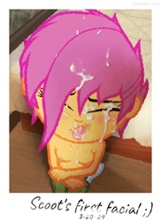 Size: 437x599 | Tagged: explicit, artist:realdash, scootaloo, series:time is all we have, aftersex, banned from derpibooru, bed, blushing, breasts, clothes, crossed arms, cum, cum in mouth, cum on tongue, cute, cutealoo, date (time), delicious flat chest, emoticon, equestria girls, eyes closed, facial, female, happy, human, humanized, implied anon, implied oral, implied sex, imported from twibooru, indoors, kneeling, lolicon, long hair, magma studio, messy hair, name, nipples, nudity, pants, partial nudity, photo, signature, smiling, socks, solo, text, tongue out, topless, underage