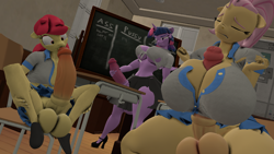 Size: 1280x720 | Tagged: explicit, artist:snuddy, apple bloom, fluttershy, twilight sparkle, 3d, absolute cleavage, age difference, alicorn, alternate hairstyle, anthro, apple, autofellatio, balls, banned from derpibooru, big breasts, big penis, blowjob, bow, breasts, busty fluttershy, busty twilight sparkle, chair, chalkboard, child, classroom, cleavage, clothes, commission, desk, ears, earth pony, erection, eyes closed, female, floppy ears, food, futa, futa apple bloom, futa fluttershy, futa only, futa twilight sparkle, hair bow, huge breasts, huge penis, imported from twibooru, impossibly large penis, intersex, lip bite, lolicon, looking down, masturbation, nudity, one eye closed, oral, pegasus, penis, plantigrade anthro, ponytail, precum, school uniform, sex, sex education, sitting, skirt, smug, source filmmaker, underage, wavy mouth, wip