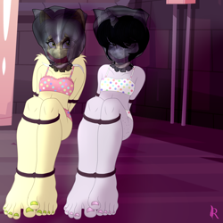Size: 2551x2550 | Tagged: questionable, semi-grimdark, artist:digiqrow, oc, oc:corvinia, oc:lemon tart, alternate version, anthro, asphyxiation, bagged, bandeau, basement, bondage, cleave gag, crying, duo, erotic asphyxiation, female, filly, foal, horn, horn ring, imported from twibooru, kidnapped, lolicon, magic suppression, nail polish, panties, pegasus, plantigrade anthro, plastic bag, pony, ring, rope, solo, solo female, toenail polish, toes, underage, underwear, unicorn