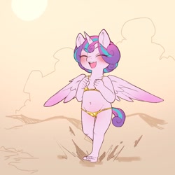 Size: 850x850 | Tagged: questionable, artist:cold-blooded-twilight, princess flurry heart, alicorn, anthro, banned from derpibooru, beach, belly button, bikini, cameltoe, clothes, cute, eyebrows visible through hair, eyes closed, female, flurrybetes, gold bikini, happy, imported from twibooru, lolicon, open smile, outdoors, rosy cheeks, running, sand, short tail, spread wings, sun, swimsuit, toddlercon, underage, wings