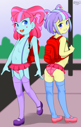 Size: 2500x3877 | Tagged: questionable, artist:oozutsucannon, backpack, banned from derpibooru, belly button, butt, cameltoe, child, clothes, drop shadow, equestria girls, exhibitionism, female, females only, garters, hair tie, heart, imported from twibooru, kiwi lollipop, lolicon, long socks, mary janes, miniskirt, nipples, nudity, open smile, outdoors, partial nudity, pink panties, public nudity, raised leg, shoes, sidewalk, signature, skirt, smiling, stockings, street, supernova zap, thigh highs, topless, underage, underwear, useless clothing, young, younger
