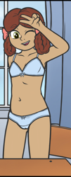 Size: 964x2384 | Tagged: questionable, artist:deserter, banned from derpibooru, blushing, bra, breasts, classroom, clothes, cropped, delicious flat chest, edit, female, human, humanized, imported from twibooru, lolicon, looking at you, one eye closed, panties, peace sign, slit pupils, small breasts, solo, solo female, teenager, underage, underwear, wink, yona
