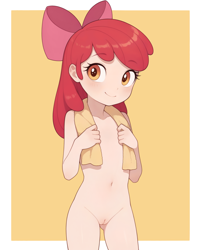 Size: 2048x2560 | Tagged: explicit, apple bloom, adorabloom, ai assisted, ai content, banned from derpibooru, belly button, blushing, cowboy shot, cute, female, human, humanized, imported from twibooru, lolicon, looking at you, nudity, passepartout, simple background, solo, solo female, towel, underage, vulva, yellow background