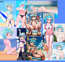Size: 1080x1029 | Tagged: suggestive, artist:oozutsucannon, artist:papery xlp, artist:pestil, artist:ratachu666, artist:reit, ai generated, banned from derpibooru, bikini, black panties, blue background, blue bikini, bow, clothes, collage, cozy glow, equestria girls, female, g4, hair bow, imported from twibooru, koikatsu, lolicon, looking at you, middle finger, orange bikini, prompter:drpeeper d fresa, purple underwear, sandals, side-tie bikini, simple background, swimsuit, underage, underwear, vulgar, white bikini