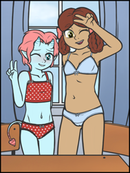 Size: 1802x2384 | Tagged: questionable, artist:deserter, alternate version, banned from derpibooru, blushing, bra, breasts, classroom, clothes, delicious flat chest, demonized, dots, duo, duo female, female, height difference, horns, human, humanized, imported from twibooru, lolicon, looking at you, ocellus, one eye closed, panties, peace sign, slit pupils, small breasts, succubus, teenager, underage, underwear, wink, yona