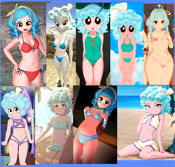 Size: 1080x1026 | Tagged: suggestive, artist:minusclass, artist:oatmeal!, artist:ratachu666, artist:rockset, artist:theminus, artist:uotapo, banned from derpibooru, beach, belly button, bikini, bow, clothes, collage, cozy glow, cutie mark, cutie mark on clothes, equestria girls, equestria girls-ified, female, g4, hair bow, human, imported from twibooru, koikatsu, lolicon, looking at you, one-piece swimsuit, peace sign, side-tie bikini, skirt swimsuit, swimsuit, two-piece swimsuit, underage, underwear
