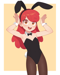 Size: 2048x2560 | Tagged: suggestive, apple bloom, :d, ai assisted, ai content, armpits, banned from derpibooru, belly button, blushing, bowtie, bunny ears, bunny suit, bunny tail, clothes, cowboy shot, eye clipping through hair, female, hands up, human, humanized, imported from twibooru, leotard, lolicon, looking at you, pantyhose, passepartout, prompter needed, simple background, solo, underage