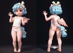 Size: 1662x1216 | Tagged: explicit, ai content, ai generated, anthro, banned from derpibooru, butt, buttplug, clothes, cozy glow, cutie mark, female, front view, imported from twibooru, lolicon, nudity, panties, panties pulled down, pegasus, rear view, sex toy, shirt, smiling, solo, underage, underwear, vagina, waving, wings, young