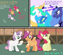 Size: 1280x1131 | Tagged: explicit, artist:taharon, apple bloom, princess celestia, princess luna, scootaloo, sweetie belle, comic, cutie mark crusaders, female, foalcon, g4, imported from derpibooru, text, vaginal secretions