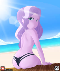 Size: 2976x3507 | Tagged: questionable, artist:minusclass, diamond tiara, banned from derpibooru, beach, bikini, bikini bottom, butt, clothes, crepuscular rays, diamond buttiara, equestria girls, female, from behind, imported from twibooru, lolicon, panties, partial nudity, sitting, swimsuit, thong, topless, underage, underwear