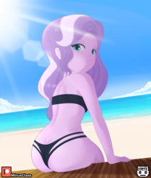 Size: 2976x3507 | Tagged: questionable, artist:minusclass, diamond tiara, banned from derpibooru, beach, bikini, butt, clothes, crepuscular rays, diamond buttiara, equestria girls, female, from behind, frown, imported from twibooru, lolicon, looking at you, looking back, looking back at you, patreon, patreon logo, sand, signature, sitting, swimsuit, thong, tube top, underage, water