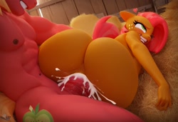 Size: 1216x832 | Tagged: explicit, babs seed, ai content, ai generated, anthro, banned from derpibooru, big mcintosh, cum, cumming, earth pony, female, imported from twibooru, incest, lolicon, macseed, male, nudity, older, older babs seed, prompt in source, prompter:dkrmai, sex, straight, underage