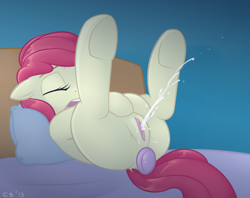 Size: 1200x952 | Tagged: explicit, artist:cobaltsnow, apple bloom, adorabloom, anal insertion, anal orgasm, bed, blank flank, butt, buttplug, clopping, cumming, cute, cute porn, earth pony, female, female ejaculation, female orgasm, filly, foal, foalcon, g4, human vulva on pony, imported from derpibooru, insertion, legs in air, masturbation, nudity, on back, orgasm, plot, pony, sex toy, solo, solo female, squirting, underhoof, vaginal secretions, vulva