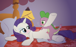 Size: 1280x800 | Tagged: explicit, artist:syoee b, rarity, spike, age difference, baby, baby dragon, baby dragon on mare, bed, blushing, cute, cute porn, dragon, dragon on pony action, eye contact, female, foalcon, g4, imported from derpibooru, indoors, interspecies, male, mare, pony, sex, ship:sparity, show accurate, show accurate porn, smiling, straight, straight shota, unicorn, vaginal secretions, wingless spike