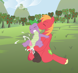 Size: 1278x1190 | Tagged: explicit, artist:frostedpony, artist:launny, spike, age difference, anal, anal creampie, anal orgasm, apple, balls, big macintosh, blushing, creampie, cum, cum while penetrated, cumming, dragon, earth pony, edit, foalcon, g4, gay, hands free, horsecock, imported from derpibooru, male, nudity, orgasm, orgasm cumshot, outdoor sex, outdoors, penis, pony, pony on dragon action, public sex, sex, ship:spikentosh, shipping, simultaneous orgasm, stallion, tree