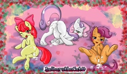 Size: 3404x2000 | Tagged: explicit, artist:anibaruthecat, apple bloom, scootaloo, sweetie belle, aftersex, anus, ass up, bed, bedroom eyes, blushing, bow, butt, chest fluff, creampie, cum, cutie mark crusaders, face down ass up, female, filly, foal, foalcon, from behind, g4, hair bow, heart eyes, hooves, implied straight, imported from derpibooru, legs in air, looking at you, looking back, nudity, on back, one eye closed, open mouth, pink background, plot, pony, raised tail, simple background, smiling, tail, underhoof, unicorn, vulva, wallpaper for the fearless, wingding eyes, wink