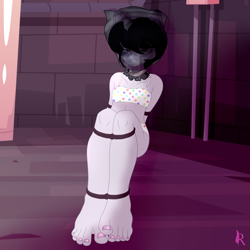 Size: 2551x2550 | Tagged: questionable, semi-grimdark, artist:digiqrow, oc, oc:corvinia, alternate version, anthro, asphyxiation, bagged, bandeau, banned from derpibooru, basement, bondage, cleave gag, clothes, crying, erotic asphyxiation, female, filly, foal, gag, horn, horn ring, imported from twibooru, jewelry, kidnapped, lolicon, magic suppression, nail polish, panties, plantigrade anthro, plastic bag, pony, ring, rope, solo, solo female, toenail polish, toes, underage, underwear, unicorn