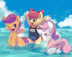 Size: 1500x1188 | Tagged: explicit, artist:apricolor, apple bloom, scootaloo, sweetie belle, adorabloom, armpits, artistic nudity, barely visible genitals, bipedal, blushing, butt, casual nudity, clothes, cute, cute porn, cutealoo, cutie mark crusaders, diasweetes, earth pony, female, filly, foal, foalcon, g4, genitals, imported from derpibooru, labia, no shame, nudealoo, nudist, nudity, ocean, one-piece swimsuit, pegasus, pony, pussy peek, school swimsuit, semi-anthro, skinny dipping, splashing, subtly explicit, sukumizu, swimsuit, unicorn, vulva, water, we don't normally wear clothes