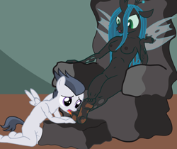 Size: 710x596 | Tagged: explicit, artist:schwoo, queen chrysalis, anthro, barefoot, breasts, dirt, feet, female, femdom, foalcon, foot fetish, foot worship, g4, imported from derpibooru, licking, licking foot, male, nipples, nudity, plantigrade anthro, rumble, rumblis, shipping, straight, straight shota