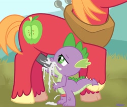 Size: 3300x2800 | Tagged: explicit, artist:unistar, spike, big macintosh, blowjob, cum, dragon, earth pony, foalcon, g4, gay, imported from derpibooru, interspecies, male, nudity, oral, penis, pony, ship:spikentosh, shipping, show accurate, show accurate porn, stallion