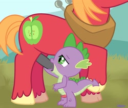Size: 3300x2800 | Tagged: explicit, artist:unistar, spike, big macintosh, blowjob, dragon, earth pony, foalcon, g4, gay, imported from derpibooru, interspecies, male, nudity, oral, penis, pony, ship:spikentosh, shipping, show accurate, show accurate porn, stallion