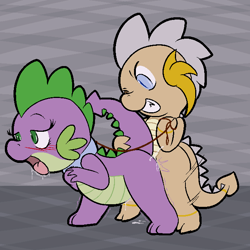 Size: 666x666 | Tagged: explicit, artist:shenhibiki, spike, oc, oc:shenhibiki, barb, blushing, canon x oc, collar, dragon, drool, female, foalcon, g4, imported from derpibooru, leash, male, penetration, rule 63, sex, straight, vaginal, vaginal secretions, wink