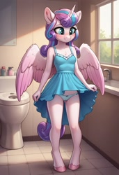 Size: 832x1216 | Tagged: suggestive, princess flurry heart, ai content, ai generated, alicorn, anthro, banned from derpibooru, bathroom, clothes, dress, dress lift, female, imported from twibooru, lolicon, panties, prompt in source, prompter:zodzod, solo, underage, underwear, young
