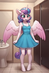 Size: 832x1216 | Tagged: safe, princess flurry heart, ai content, ai generated, alicorn, anthro, banned from derpibooru, bathroom, clothes, dress, female, imported from twibooru, lolicon, prompt in source, prompter:zodzod, solo, underage, young