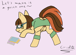 Size: 845x614 | Tagged: explicit, artist:crisr82, oc, oc:squeaky condom, clothes, condom, crotchboobs, female, foalcon, freckles, glasses, imported from derpibooru, nipples, nudity, oc only, presenting, skirt, solo, solo female, teats