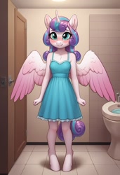 Size: 832x1216 | Tagged: safe, princess flurry heart, ai content, ai generated, alicorn, anthro, banned from derpibooru, bathroom, clothes, dress, female, imported from twibooru, lolicon, prompt in source, prompter:zodzod, solo, underage, young