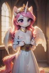 Size: 768x1152 | Tagged: explicit, princess celestia, ai content, ai generated, alicorn, anthro, banned from derpibooru, breasts, cewestia, female, imported from twibooru, lolicon, prompter:absolutionary, small breasts, solo, underage, undressing, younger