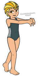 Size: 1200x2400 | Tagged: questionable, artist:deserter, banned from derpibooru, breasts, cameltoe, clothes, delicious flat chest, feet, female, flirting, human, humanized, imminent sex, imported from twibooru, lightning dust, lolicon, looking at you, looking up, looking up at you, missing teeth, scar, simple background, small breasts, solo, solo female, stretching, swimsuit, tanned, transparent background, underage, younger
