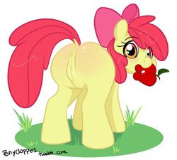 Size: 900x809 | Tagged: explicit, artist:ponyclopsasaurus, apple bloom, anus, apple, bloom butt, blushing, butt, dock, female, foalcon, g4, imported from derpibooru, looking at you, looking back, looking back at you, nudity, plot, solo, solo female, vulva