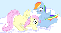 Size: 1121x600 | Tagged: explicit, artist:seidouryu, fluttershy, rainbow dash, cloud, cute, cute porn, female, filly, filly on filly, foal, foalcon, g4, imported from derpibooru, lesbian, nudity, pegasus, pixiv, pony, ship:flutterdash, vagina