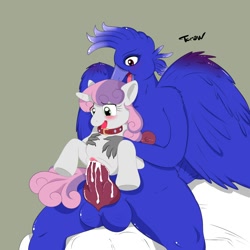 Size: 2000x2000 | Tagged: explicit, artist:launny, sweetie belle, oc, anthro, anthro oc, bird, breasts, canon x oc, collar, creampie, cum, foalcon, furry, futa, futa oc, g4, happy, hyper, imported from derpibooru, intersex, nipples, non-mlp oc, nudity, penis, xaxoqual