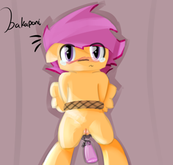 Size: 1928x1847 | Tagged: explicit, artist:bakaponi, scootaloo, bondage, dildo, female, foalcon, g4, imported from derpibooru, sex toy, vagina, vaginal secretions