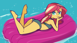 Size: 1402x791 | Tagged: suggestive, artist:drantyno, banned from derpibooru, barefoot, black bikini, breasts, butt, clothes, delicious flat chest, equestria girls, feet, feet up, female, foot focus, hand on chin, imported from twibooru, laying on stomach, lolicon, looking at you, looking back, looking back at you, lying down, midriff, pool toy, small breasts, solo, stupid sexy sunset shimmer, sunset shimmer, sunset shimmer swimsuit, sunset shimmer's beach shorts swimsuit, swimming pool, swimsuit, underage, water