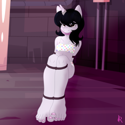 Size: 2551x2550 | Tagged: questionable, semi-grimdark, artist:digiqrow, oc, oc:corvinia, anthro, bandeau, banned from derpibooru, basement, bondage, cleave gag, clothes, female, gag, horn, horn ring, imported from twibooru, jewelry, kidnapped, lolicon, magic suppression, nail polish, panties, plantigrade anthro, ring, rope, solo, solo female, toenail polish, toes, underage, underwear, unicorn