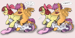 Size: 1450x750 | Tagged: explicit, artist:allosaurus, artist:kevinsano edits, apple bloom, scootaloo, sweetie belle, anus, blank flank, blushing, cmc threesome, creampie, cum, cumming, cutie mark crusaders, daisy chain, doggy style, earth pony, edit, female, filly, filly on filly, foal, foalcon, futa, futa apple bloom, futa cutie mark crusaders, futa filly, futa filly on futa filly, futa on futa, futa scootaloo, futa sweetie belle, g4, group sex, herm, herm on herm, horsecock, imported from derpibooru, intersex, ketchup vein, mutual penetration, nudity, pegasus, penetration, penis, pony, scootabutt, sex, ship:sweetiebloomaloo, shipping, surprise cum shot, this will end in pregnancy, threesome, trio, unicorn, vaginal, vaginal secretions, vein, vein bulge, veiny cock, vulva