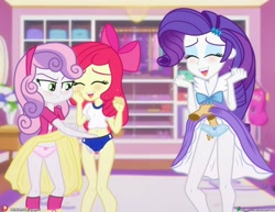 Size: 2048x1582 | Tagged: explicit, artist:dieart77, apple bloom, rarity, sweetie belle, banned from derpibooru, beneath clothes, blushing, clothes, disembodied hand, equestria girls, female, frilly underwear, gym uniform, hand, hand in underwear, human, imported from twibooru, lolicon, nightgown, offscreen character, pajamas, panties, skirt, skirt lift, sports panties, teenager, tickling, underage, underwear