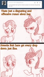 Size: 792x1387 | Tagged: questionable, artist:jaxonian, apple bloom, sweetie belle, 2 panel comic, ask, ask fapplebloom, comic, earth pony, female, filly, foal, foalcon, g4, hooves, horn, imported from derpibooru, mysterious white liquid, pony, unicorn