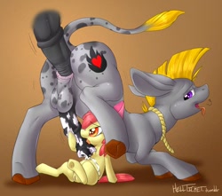 Size: 1000x883 | Tagged: explicit, artist:hellticket, apple bloom, oc, oc:sen, age difference, anal, balls, big macintosh, bisexual, canon x oc, cum, disembodied penis, donkey, earth pony, female, filly, foal, foalcon, g4, gay, group sex, horsecock, imported from derpibooru, interspecies, licking, licking cock, looking back, male, mule, nudity, open mouth, oral, penis, pony, pony on pony action, sex, sitting, stallion, stallion on filly, stallion on stallion, straight, threesome, tongue out, underhoof, vulva