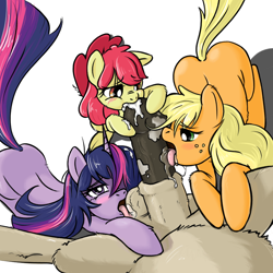 Size: 1000x1000 | Tagged: explicit, apple bloom, applejack, twilight sparkle, artist needed, balls, blowjob, blushing, cock worship, creampie, cum, cum in mouth, drool, earth pony, foalcon, foursome, g4, group sex, horsecock, imported from derpibooru, licking, licking cock, male, male pov, multiple blowjob, nudity, offscreen character, oral, oral creampie, penis, polyamory, pony, pov, puffy cheeks, sex, straight, tongue out, triple blowjob, unicorn, unicorn twilight
