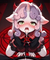 Size: 1624x1944 | Tagged: explicit, ai content, ai generated, anthro, banned from derpibooru, blushing, clothes, cum, cum in mouth, demon, devil horns, dress, female, imported from twibooru, lolicon, offscreen character, pentagram, pov, prompter:aifillycunt, solo, underage, unicorn