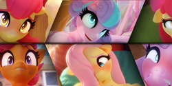 Size: 1920x960 | Tagged: suggestive, artist:snuddy, apple bloom, diamond tiara, princess flurry heart, scootaloo, 3d, alicorn, anthro, bandaid, banned from derpibooru, bed, blender, blushing, collage, cute, earth pony, eyebrows, female, flurryburst, gritted teeth, imported from twibooru, lip bite, lolicon, looking up, male, nervous, open smile, pegasus, prone, shipping, straight, sunburst, teary eyes, underage, unicorn
