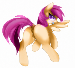 Size: 900x826 | Tagged: explicit, artist:overmare, artist:si1vr, scootaloo, anus, edit, female, filly, foal, foalcon, g4, imported from derpibooru, looking at you, looking back, looking back at you, pegasus, pony, puckered asshole, recolor, smiling, solo, solo female, vagina, vaginal secretions