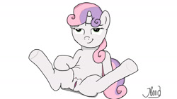 Size: 1280x720 | Tagged: explicit, artist:jbond, sweetie belle, crotchboobs, female, filly, foal, foalcon, g4, imported from derpibooru, lidded eyes, nipples, nudity, pony, signature, simple background, solo, solo female, spread legs, spreading, unicorn, vulva, white background