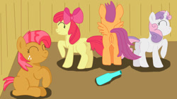 Size: 1280x720 | Tagged: explicit, artist:jbond, apple bloom, babs seed, scootaloo, sweetie belle, anus, butt, cutie mark crusaders, earth pony, eyes closed, female, filly, foal, foalcon, g4, game, imported from derpibooru, lesbian, nudity, pegasus, plot, pony, spin the bottle, unicorn, vector, vulva