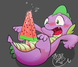 Size: 768x662 | Tagged: explicit, artist:kmart0614, spike, blushing, cloaca, crying, dragon, drool, drool string, foalcon, food, funny porn, g4, ice cream, imported from derpibooru, insertion, male, on back, open mouth, solo, solo male, watermelon, wide eyes