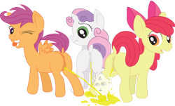 Size: 4165x2519 | Tagged: explicit, artist:brainsister, apple bloom, scootaloo, sweetie belle, anus, cutie mark crusaders, earth pony, female, filly, foal, foalcon, g4, imported from derpibooru, lemon, nudity, pegasus, pissing, pissing together, ponut, pony, potty time, simple background, transparent background, unicorn, urine, vulva, watersports